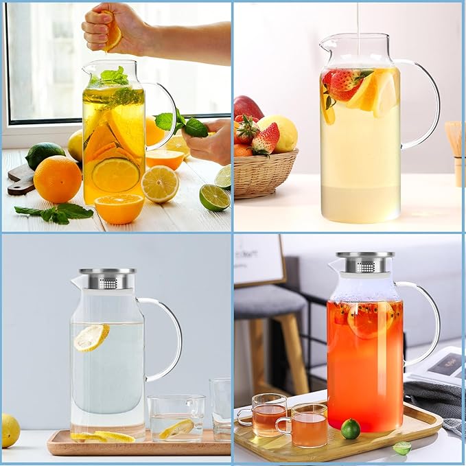 Yirilan Glass Pitcher, 90 oz/2.6 Liter Water Pitcher with Lid, Large Juice Pitchers for Drinks, Glass Water Carafe,Glass Tea Jug,Beverage Pitcher Transparent