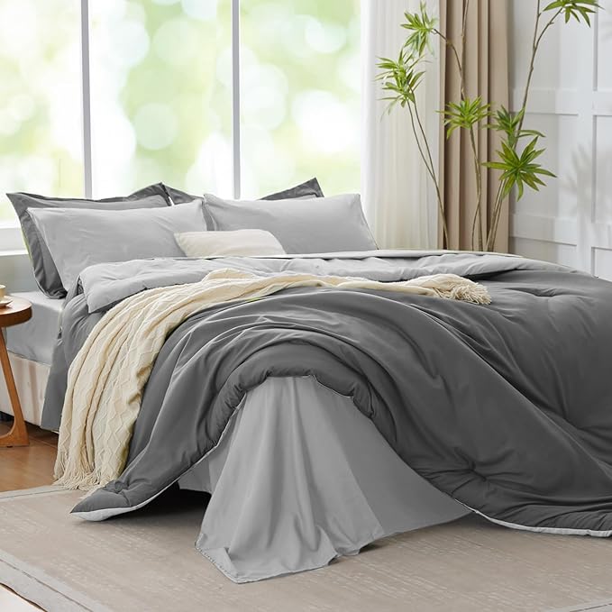 Gray Comforter Set, 7 Pieces Soft Bed in a Bag - Reversible Bedding Set with Comforter, Sheets, Pillowcases & Shams - All Seasons Boho Bed Set
