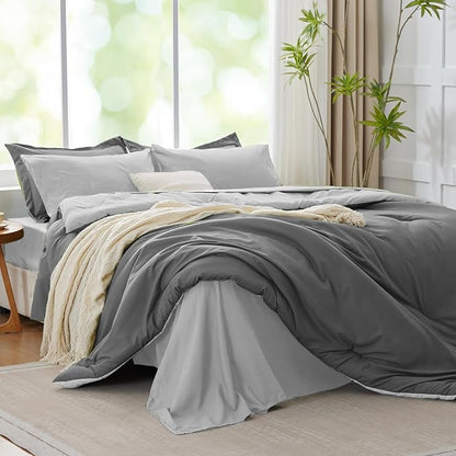 Gray Comforter Set, 5-Piece Soft Bed in a Bag with Reversible Comforter, Sheets, Pillowcase & Sham, Boho Twin XL All Seasons Bedding Set
