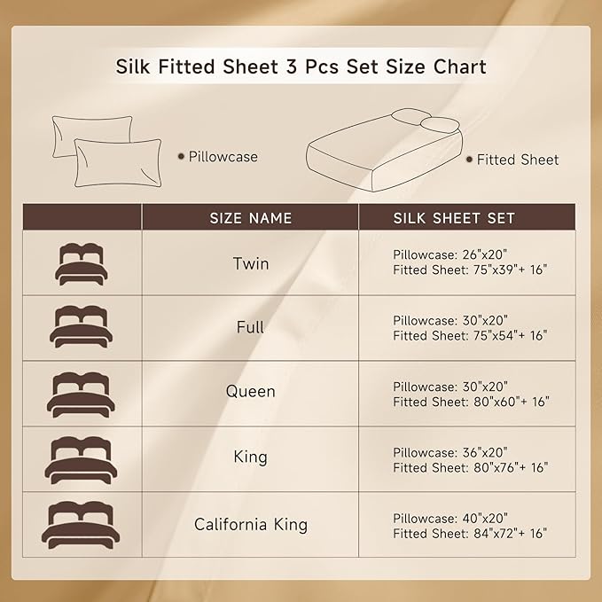 THXSILK 6A+ Top Grade 100% Pure Mulberry Silk Cal. King Fitted Sheet 3Pcs Set Bed Sheets Luxury Bedding for Hair and Skin Cooling Soft Durable, 1 Fitted Sheet with 2 Pillowcases, Metallic Gold