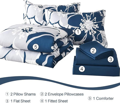 Anibedding Navy Floral Comforter Set Queen Size 7 Piece, Blue Flower Bed in a Bag, Elegant Botanical Floral Comforter Soft Microfiber Complete Bedding Set for All Season, (Navy Blue, 90"x90")