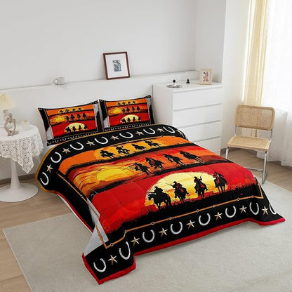 Feelyou Orange Western Decor Comforter Twin Size Wild Western Cowboy Comforter Set for Boys Girls Children Horse Setting Sun Patchwork Bedding Set Room Decor Horseshoes West Texas Star Duvet Set 2Pcs