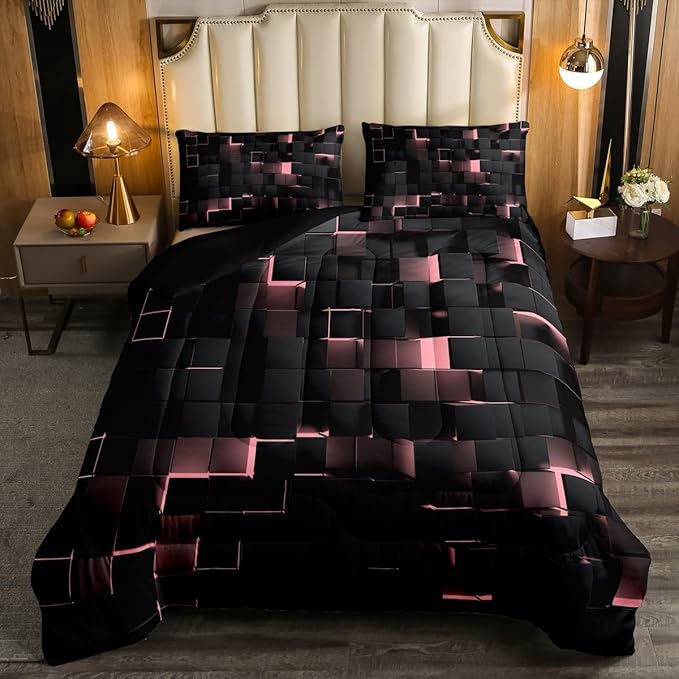 Erosebridal Pink and Black Comforter Set King Neon Geometric Checkered Bedding Set for Kids Girls Teen,Tereoscopic Grids Comforter Square Plaid Quilt Duvet Room Decor 3 Pcs