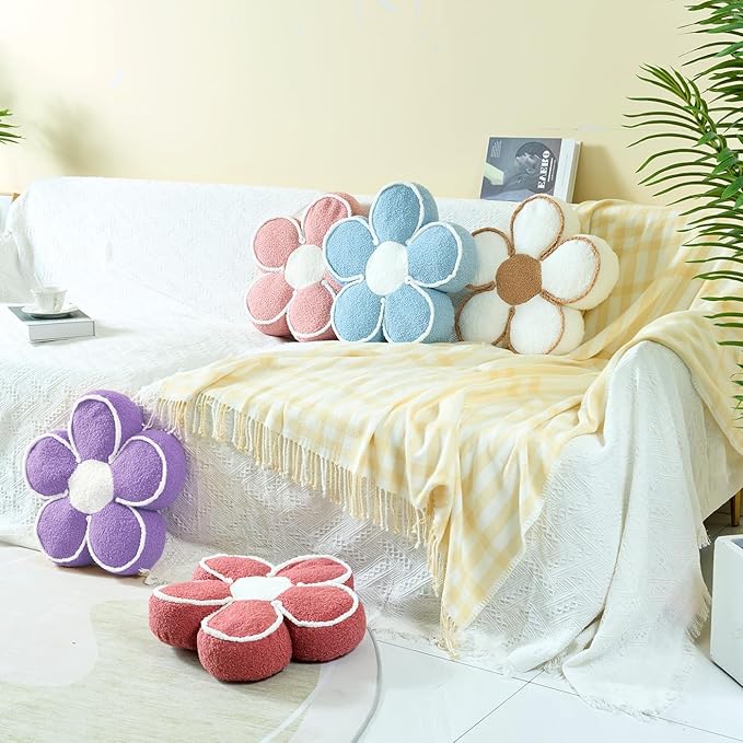 Sioloc Flower Shaped Pillow Daisy Pillows Floor Cushion Pastel Cute Seat Cushions Aesthetic Classroom Dorm Decorative Fun Throw Pillow for Bed,Couch(Lavender,15.7")