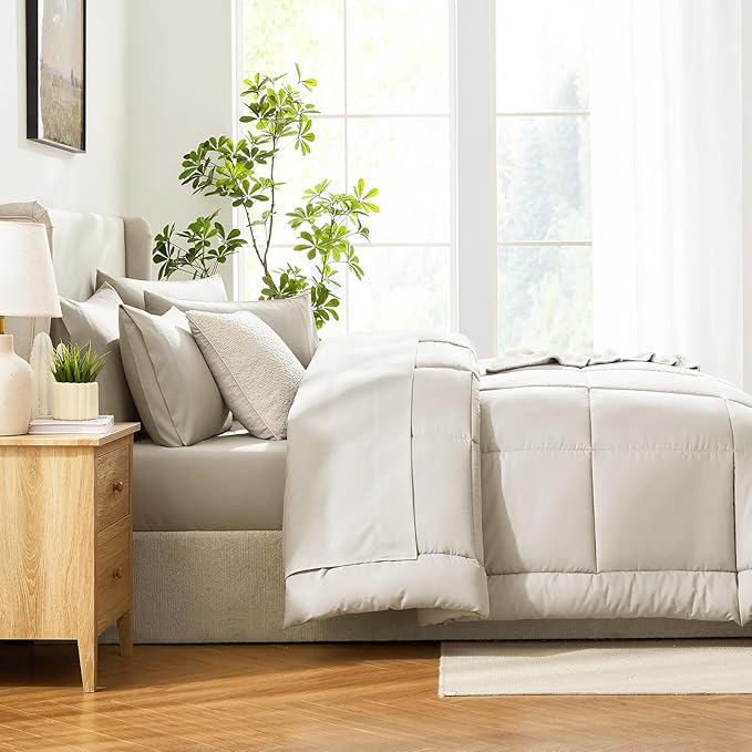 CozyLux California King Comforter Sets Beige, 7 Pieces Cal King Bed in a Bag, All Season Bedding Sets with Stitch Quilted Comforter, Flat Sheet, Fitted Sheet, Pillowcases