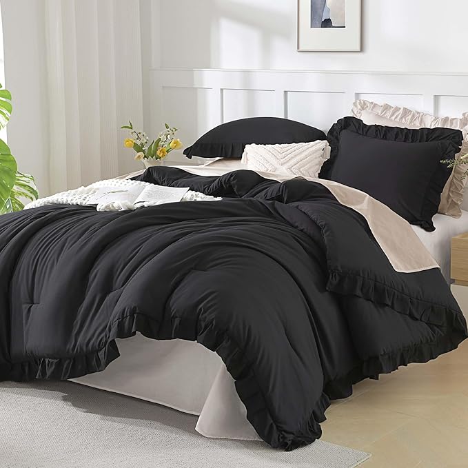 Andency Oversized King Comforter Set 120x98, 3 Pieces Ruffle Shabby Chic Famhouse Bedding Set, All Season Lightweight Fluffy Bed Set for Girls Women, Black