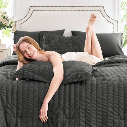 CozyLux Twin XL Comforter Set with Sheets Seersucker Dark Grey 5 Pieces Bed in a Bag, Twin Extra Long Luxury Bedding Sets for College Dorm with Down Alternative Comforter, Sheets, Pillowcases & Shams