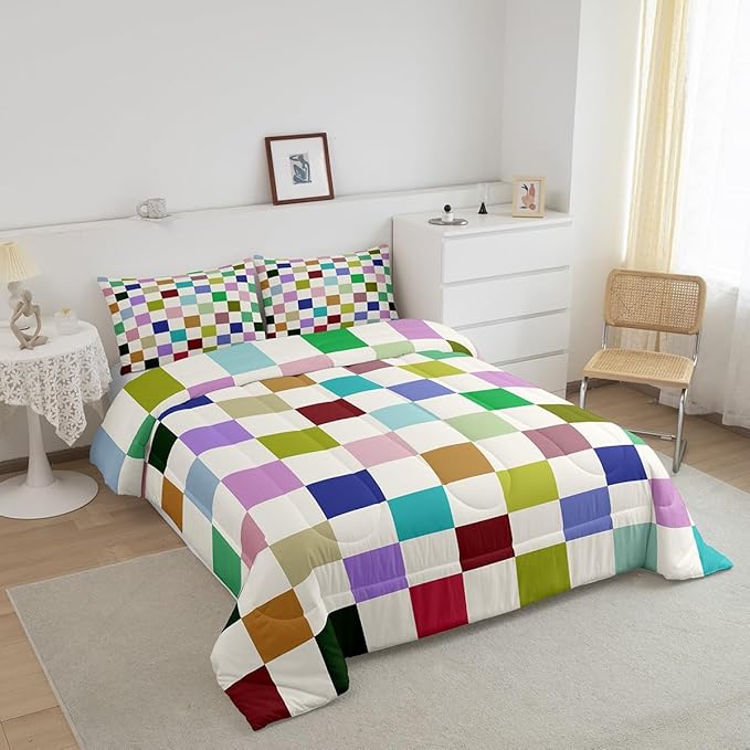 Feelyou Colorful Checkered Bedding Set Teen Women Men Retro Modern Geometric Colorful Comforter Set Queen Size Kids Boys Girls Cute Neutral Plaid Duvet Insert Vintage Aesthetic Room Decor