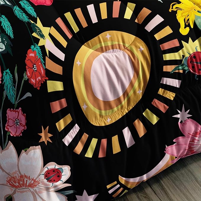 3 Pieces Black Boho Floral Comforter Set,Paisley Bedding Set King Size,Bohe Colorful Flower Leaves Printed on Black Design,All Season Lightweight Soft Microfiber (1 Comforter with 2 Pillowcases)