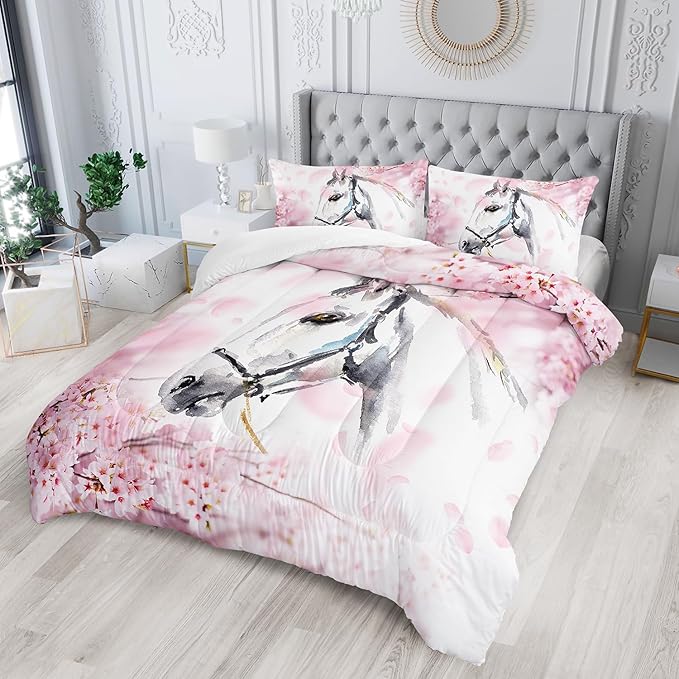 Kid Horse Comforter Set Queen Room Floral Animal Theme Handsome Horse Chic Cherry Blossom Bedding Set Wild Animal Decor Quilt Set for Girls Adult, 1 Comforter + 2 Pillowcases