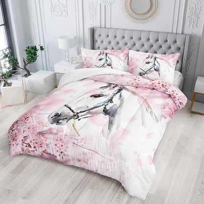 Kid Horse Comforter Set Twin Room Floral Animal Theme Handsome Horse Chic Cherry Blossom Bedding Set Wild Animal Decor Quilt Set for Girls Adult, 1 Comforter + 2 Pillowcases