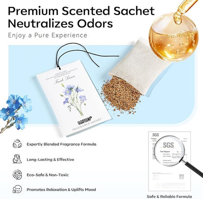 MYARO 12 Pack Fresh Linen Scented Sachets for Drawer, Closet & Car Air Freshener Bags | Odor Eliminator & Fabric Refresher | Crisp, Clean Home Fragrance Gift Set