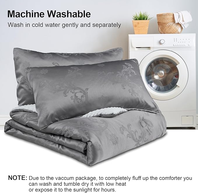 Jacquard Comforter Set - Luxury Warm Paisley Floral Pattern King Size Bedding with 2 Pillowcases All-Season Soft & Lightweight 3D Bubble Design Bed Set (104x90 Inches Grey)