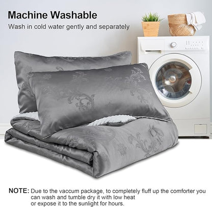 Jacquard Comforter Set - Luxury Warm Paisley Floral Pattern King Size Bedding with 2 Pillowcases All-Season Soft & Lightweight 3D Bubble Design Bed Set (104x90 Inches Grey)