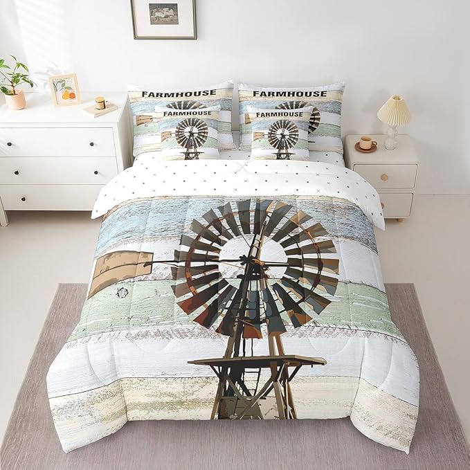 Erosebridal King 7Pcs Farmhouse Windmill Comforter Set Bed in a Bag Rustic Decor Wooden Print Comforter Set with Sheets and Pillow Covers