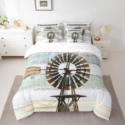Erosebridal Farmhouse Windmill Comforter Set - 7 Pcs Rustic Decor Wooden Print Comforter Set with 1 Comforter, 1 Flat Sheet, 1 Fitted Sheet, 2 Pillowcases and 2 Throw Pillow Covers
