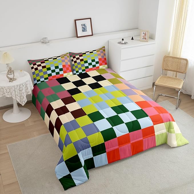 Feelyou Multicolored Checkered Retro Bedding Set Kids Boys Girls Geometric Vintage Comforter Set King Size Green Red Yellow Colorful Duvet Insert Modern Simple Groovy Aesthetic Room Decor