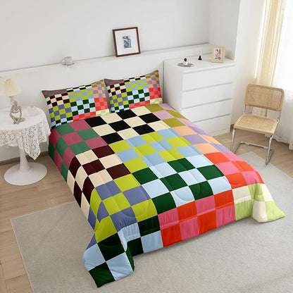 Feelyou Multicolored Checkered Retro Bedding Set Kids Boys Girls Geometric Vintage Comforter Set Queen Size Green Red Yellow Colorful Duvet Insert Modern Simple Groovy Aesthetic Room Decor