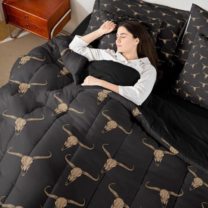 Erosebridal Bull Skull 7 Piece Comforter Set Queen Ethnic Bohemian Bedding for Men Boys | Tribal Steer Skull Wildlife Aztec Bedroom Decor Farmhouse Cabin Lodge Sheet Set with Comforter,Black Brown