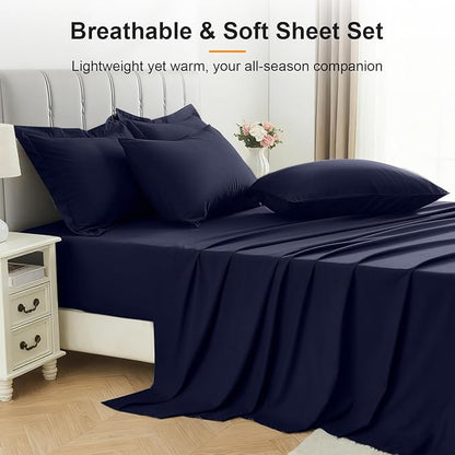 Oversized King Comforter Set 7 Pieces - Ultra-Soft Bed in a Bag, Cozy Luxury All Season Bedding Sets with Comforter, Flat Sheet, Fitted Sheet, 2 Pillow Shams & 2 Pillowcases, Navy Blue