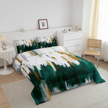 Erosebridal Watercolor Graffiti Comforter King Turqoise Green Bedding Set, Oil Painting Stripe Down Comforter Modern Aesthetic Bed Set, Abstract Gradient Artwork Quilted Duvet 3pcs