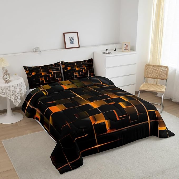Erosebridal Geometric Ornage Black Twin Bedding Set,Light Honeycomb Comforter Set Decor Quilt for Kids Women Adult, Modern Abstract Duvet Insert Microfiber Lightweight All Season