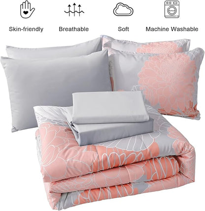 Yiran Blush Grey Floral Bed in a Bag Comforter 7 Pieces Soft Microfiber Comforter Set Bedding Set King Size 104"×90"(1 Comforter,2 Pillowcases,2 Pillow Shams,1 Flat Sheet,1 Fitted Sheet)
