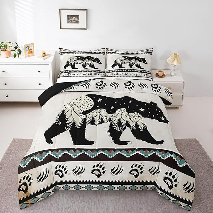 Feelyou Bear Print Bedding Set Boho Southwestern Comforter Set for Kids Boys Girls Wild Animal Hunt Comforter Rustic Farmhouse Quilt Set Room 3Pcs Full Size