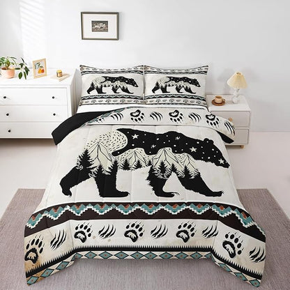 Feelyou Bear Print Bedding Set Boho Southwestern Comforter Set for Kids Boys Girls Wild Animal Hunt Comforter Rustic Farmhouse Quilt Set Room 3Pcs King Size