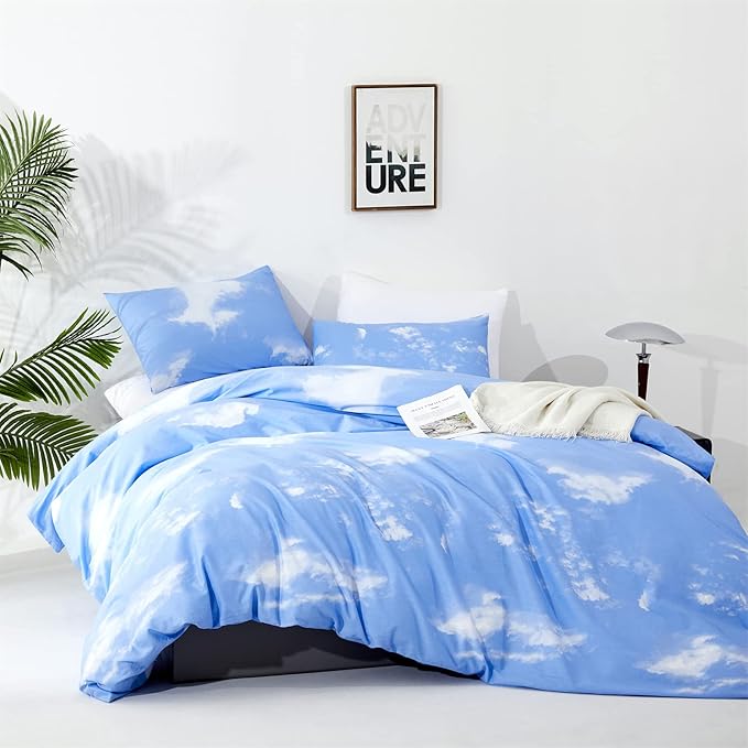 CLOTHKNOW Blue Sky Queen Size Comforter Sets White Cloud Bedding Comforter Sets Blue Queen Comforter Soft Blue Comforter with 2 x Pillow Cases