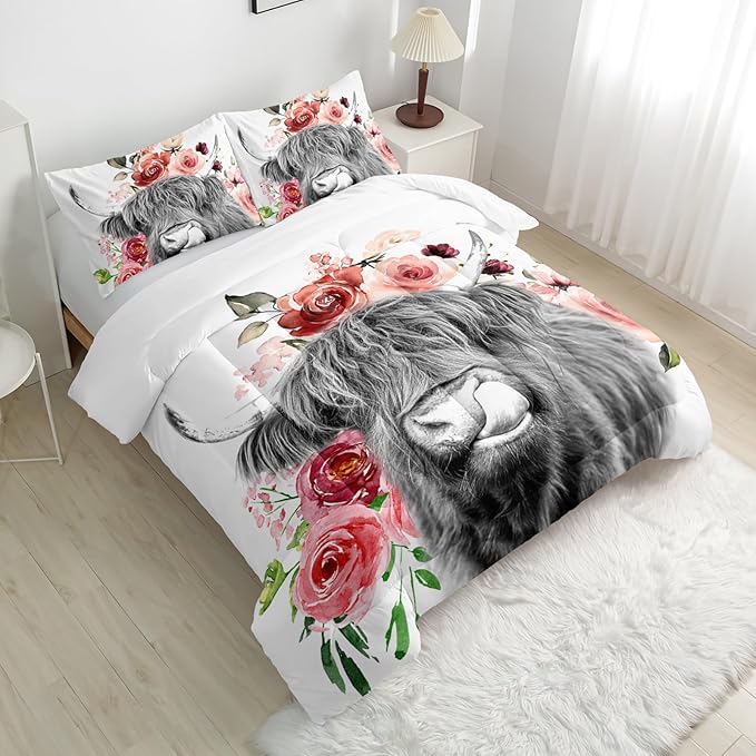 Highland Cow Comforter Sets King，Bedding Sets for Kids,Wildlife Farmhouse Flower Cow Comforter Sets All Season 1 Comforter and 2 Pillowcases