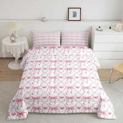 Erosebridal Pink Kawaii Bow Down Comforter Cute Butterfly Twin Size Comforter Set for Girls Kids Women,Pink White Bowknot Bedding Set Bow Geometric Plaid Quilt Set