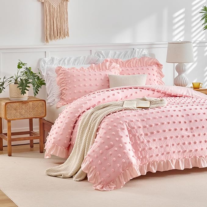Tufted Dots Ruffle Comforter Set Full/Queen Size, 3 Pieces Pink Vintage Farmhouse Shabby Chic Comforters, Jacquard Boho Bohemian Bedding Set for All Season (1 Ruffled Comforter+ 2 Pillow Shams)