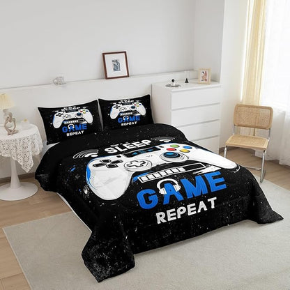 jejeloiu Eat Sleep Game Bedding Set King Size Cartoon Gamer Comforter Set for Kids Boys Girls Modern Game Duvet Set Black Blue Quilt Set 3Pcs