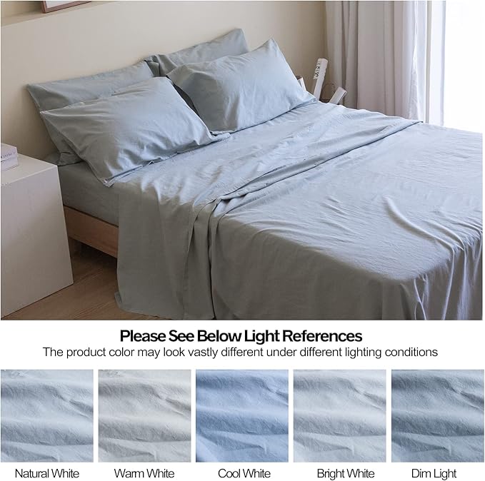 Simple&Opulence Belgian Linen Sheet Set Solid Color - 6 Pieces (1 Flat Sheet & 1 Fitted Sheet & 4 Pillowcases) 16" Deep Pocket Natural Flax Cotton Blended Soft Bedding - Dusty Blue, King Size