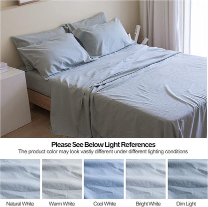 Simple&Opulence Belgian Linen Sheet Set Solid Color - 6 Pieces (1 Flat Sheet & 1 Fitted Sheet & 4 Pillowcases) 16" Deep Pocket Natural Flax Cotton Blended Soft Bedding - Dusty Blue, Queen Size