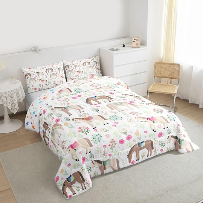 Bohemian Horse Comforter Set Queen Size,Rustic Farmhouse Bedding Sets 3Pcs for Kids Girls Boys Women Room Decor,Pink Flower Leaves Quilted Duvet Wild Animals Plant Down Comforter,2 Pillowcases