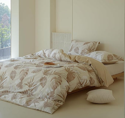 Cotton Queen Size Comforter Set, 3Pcs All Seasons Floral Duvet with Corner Tabs,Beige Soft Bedding Set, 1 Lightweight Comforter and 2 Pillow Shams