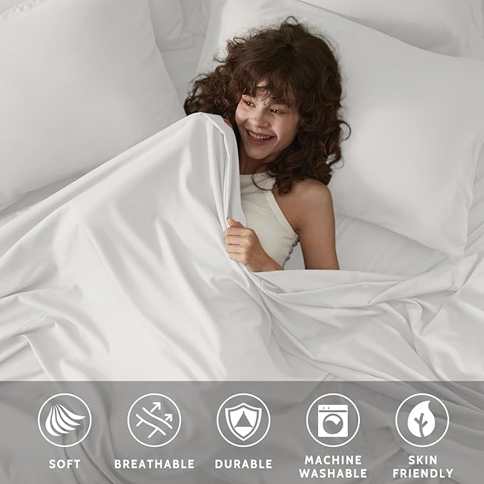 Twin Sheets Set - 4 Piece Soft Microfiber and Wrinkle Free Sheets - Easy Care, Extra Soft, Cooling Sheets - 1 Deep Pocket Fitted Sheet 1 Flat Sheet and 2 Pillowcases (Twin White)
