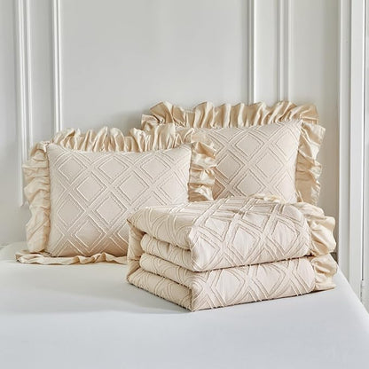 Flysheep Tufted Grids Ruffle Comforter Set King Size, 3 Pieces Beige Vintage Farmhouse Shabby Chic Comforters, Jacquard Boho Bohemian Bedding Set for All Season (1 Ruffled Comforter+ 2 Pillow Shams)