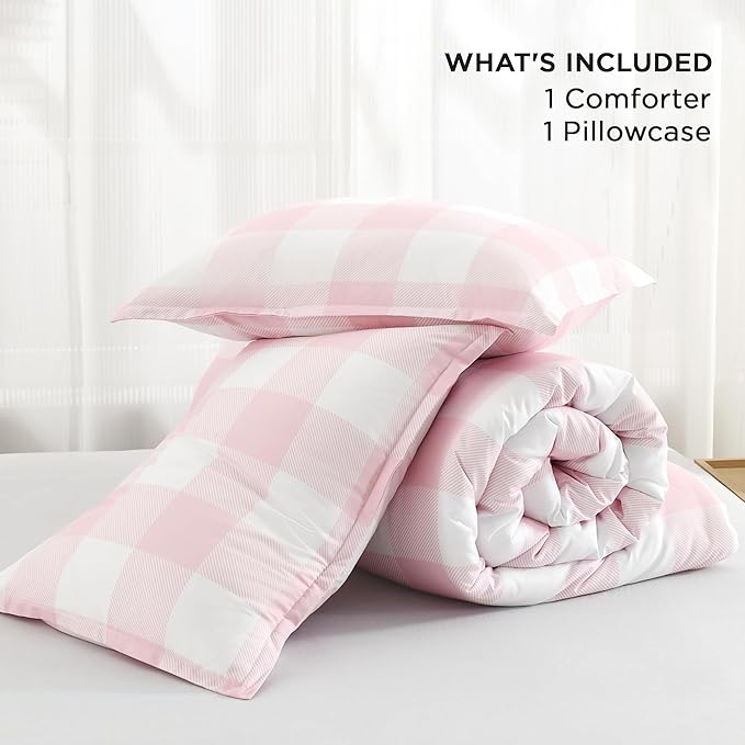 Andency Pink Checkered Comforter Twin(66x90Inch), Plaid Gingham Buffalo Plaid Grid Bedding Sets for Girls Kids Women Kids Teens, 2 Pieces Lightweight Microfiber Geometric Preppy Bed Set