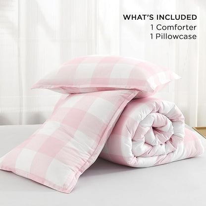 Andency Pink Checkered Comforter Twin(66x90Inch), Plaid Gingham Buffalo Plaid Grid Bedding Sets for Girls Kids Women Kids Teens, 2 Pieces Lightweight Microfiber Geometric Preppy Bed Set
