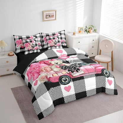 Feelyou Girls Like Cartoon Cute 7 Piece Bedding Set Full Size Me&You Love Car Comforter Set with Sheets for Boys Girls Adult Cute Bear Bed in a Bag Women Men Pink Balloon Bed Set