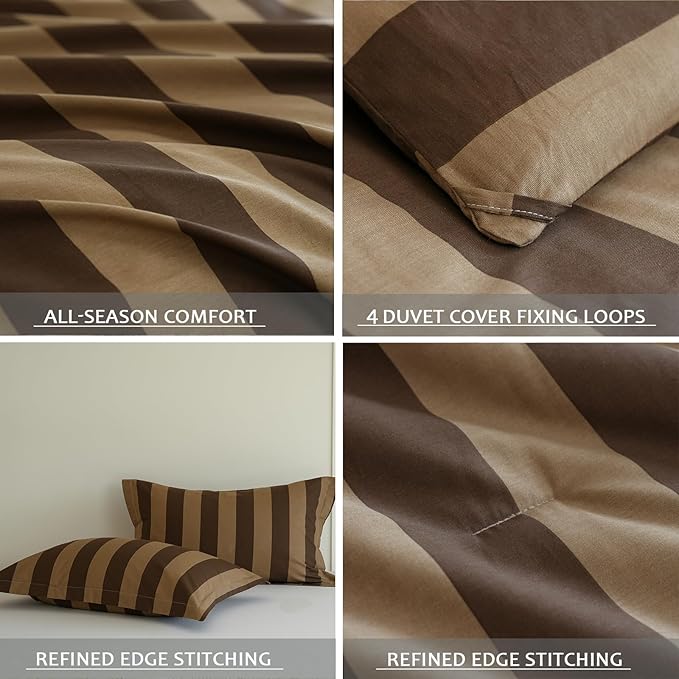 Queen Size Cotton Comforter Set, 3Pcs Brown Yellow Striped Duvet for All Seasons, Luxury Warmth Breathable Bedding Set with 1 Lightweight Comforter and 2 Pillow Shams