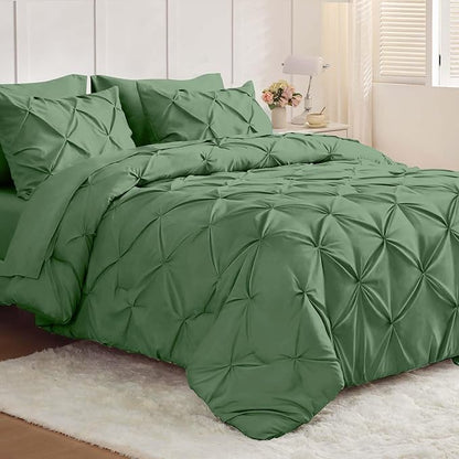 JOLLYVOGUE Twin XL Comforter Set 5 Pieces - Bed in a Bag Twin XL for All Season, Pintuck Bedding Comforter Sets with Comforter, Flat Sheet, Fitted Sheet and Pillowcases & Shams, Green