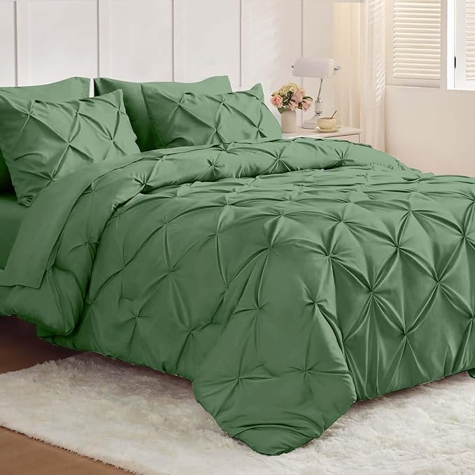 JOLLYVOGUE Full Size Comforter Sets 7 Pieces - Bed in a Bag Full for All Season, Pintuck Bedding Comforter Sets with Comforter, Flat Sheet, Fitted Sheet and Pillowcases & Shams, Green