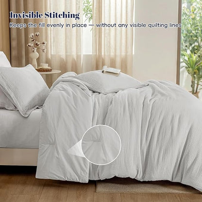 PHF Cotton Muslin Comforter Set King – 100% Cotton Cover, Ultra Soft & Breathable, 3PCS Lightweight All-Season Bedding with Polyester Fill, 1 Comforter 104"x90" & 2 Pillow Shams 20"x36", Light Grey