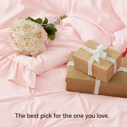 BEDELITE Baby Pink Twin Comforter Set - 2 Peices Boho Ruffle Pintuck Bedding Comforter Sets, Lightweight Soft & Warm Twin Bedding Sets with 1 Pillowcase for All Season