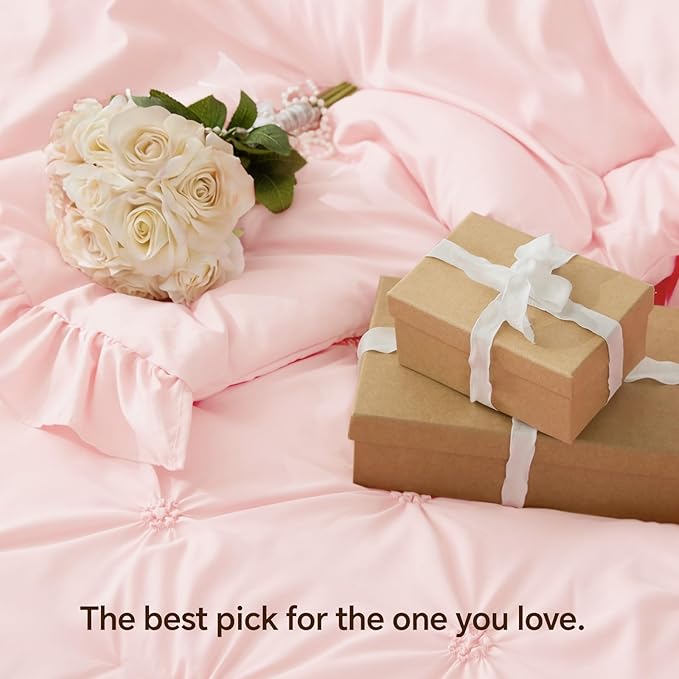 BEDELITE Baby Pink Comforter Set Queen - 3 Pieces Boho Ruffle Pintuck Bedding Comforter Sets, Lightweight Soft & Warm Bed Comforter with 2 Pillowcases for Spring,Valentines Day Gift