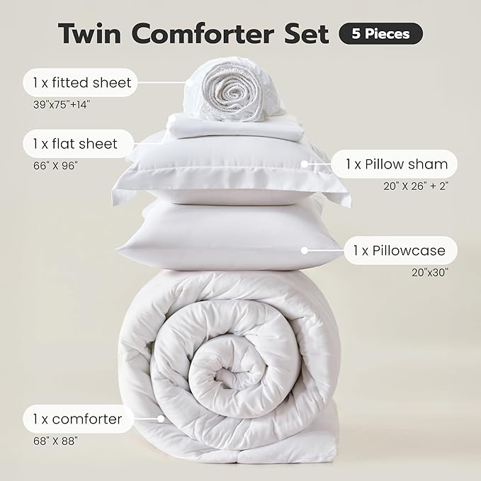 Joiedomi Twin Comforter Set with Sheets White, 5 Pieces Twin Bedding Sets with 1 Down Alternative Comforter, 1 Flat Sheet, 1 Fitted Sheet, 1 Pillowcase and 1 Pillow Sham, Bed in a Bag for All Seasons